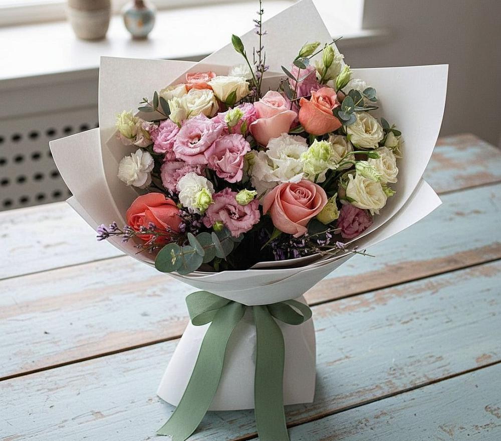 Букет цветов из: Розы, Лизиантусы и Гвоздики в Большой Исток