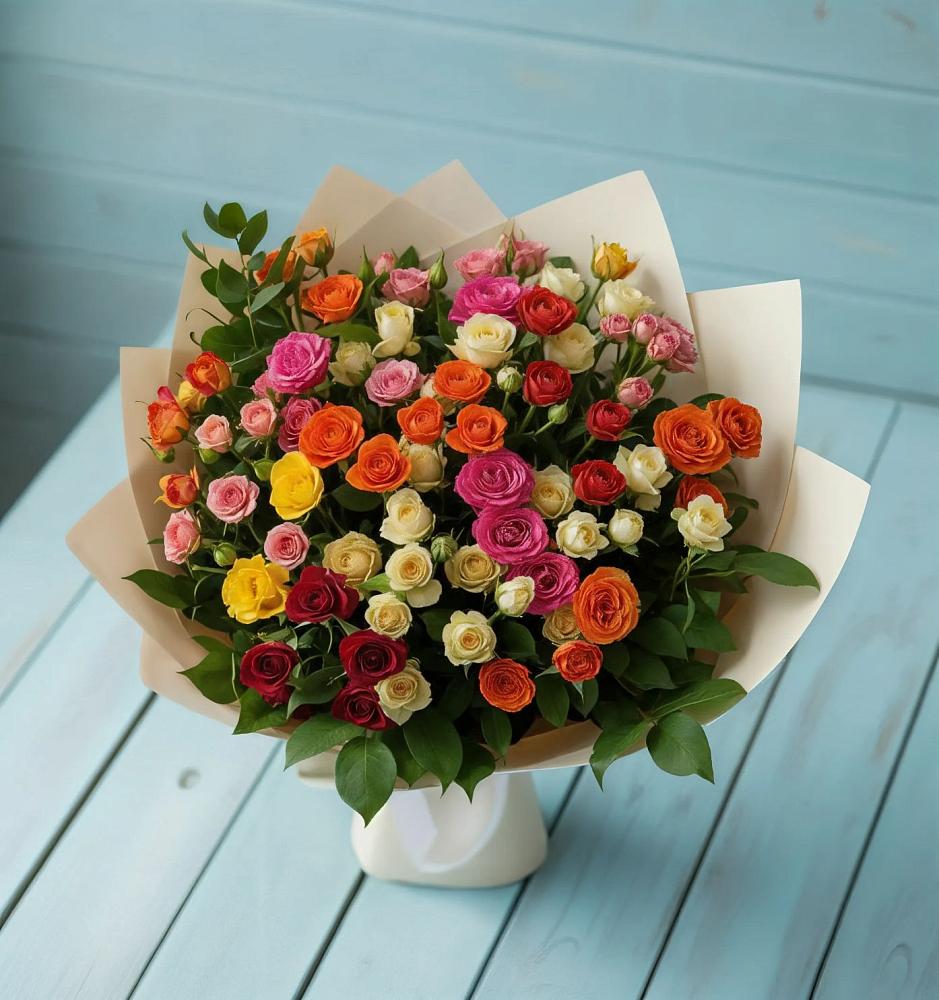 Букет Микс из разноцветных кустовых роз в Большой Исток