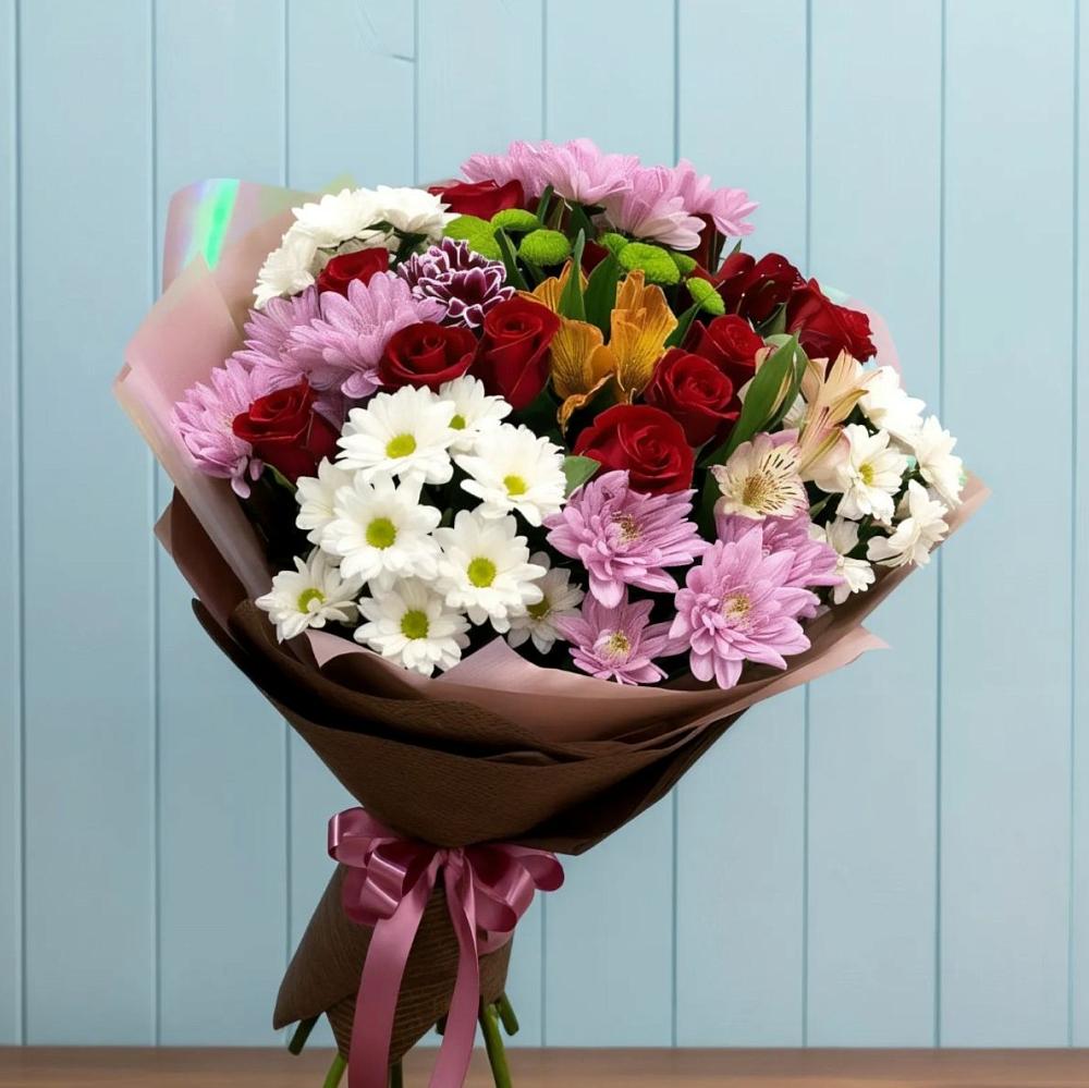 Букет цветов из: Розы, Хризантемы и Альстромерии в Большой Исток